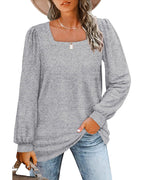 Women's square-neck long-sleeve top with gathered shoulders