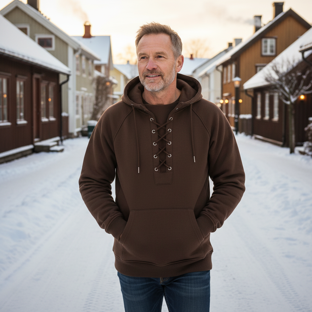 Men's lace-up hooded sweatshirt with long sleeves and kangaroo pocket
