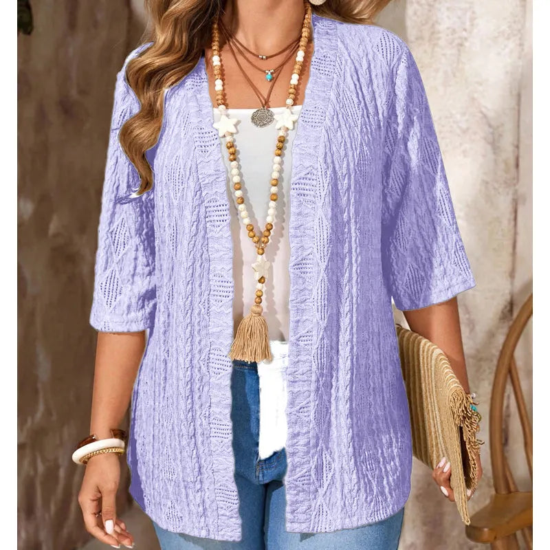 Women's open front textured cardigan with three-quarter sleeves