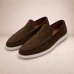 Men's slip-on moc toe loafers with flat white soles