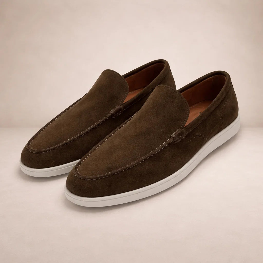 Men's slip-on moc toe loafers with flat white soles