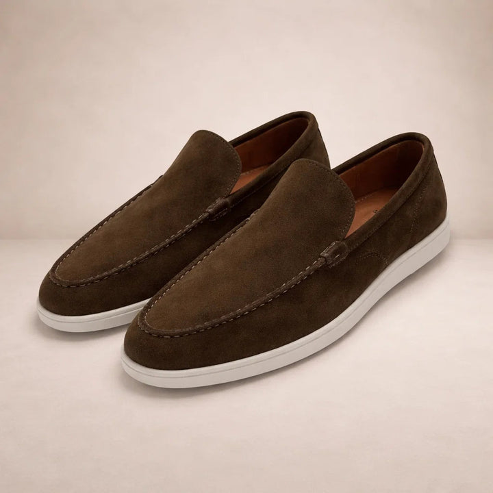 Men's slip-on moc toe loafers with flat white soles