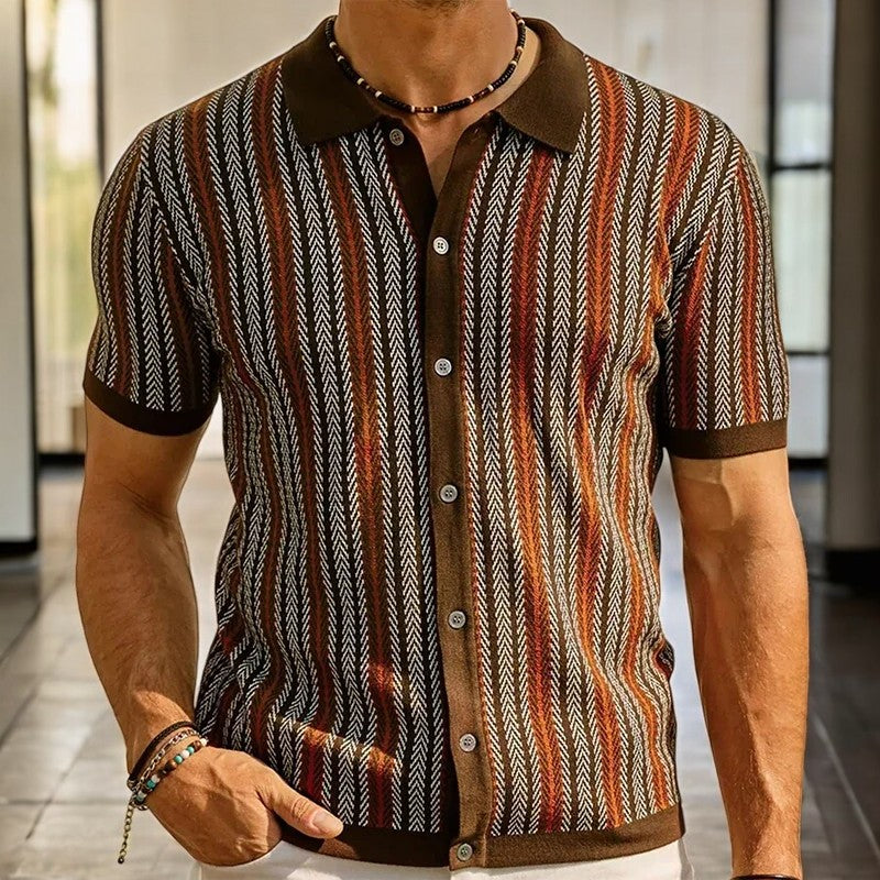 Men's vertical striped short sleeve button-down shirt with collar