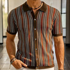 Men's vertical striped short sleeve button-down shirt with collar