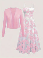 Women's floral midi dress with sweetheart neckline and matching long-sleeve cardigan