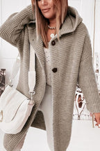 Women's longline hooded button cardigan with textured knit finish