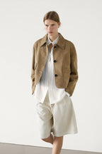 Women's sand suede jacket with collar and flap pockets