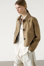 Women's sand suede jacket with collar and flap pockets