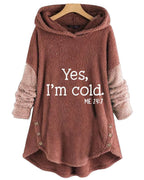Women's hooded tunic top with text print, long sleeves, curved hem and side buttons