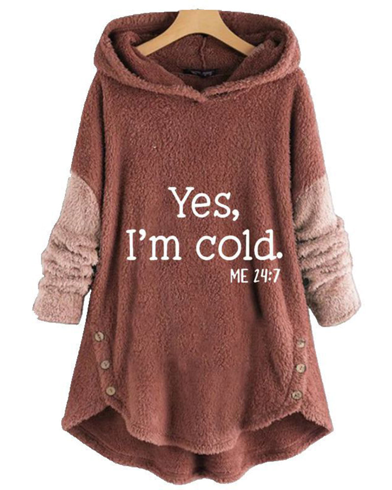 Women's hooded tunic top with text print, long sleeves, curved hem and side buttons