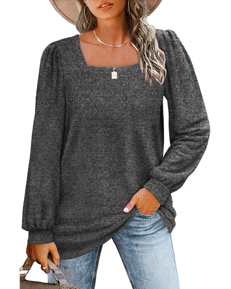 Women's square-neck long-sleeve top with gathered shoulders