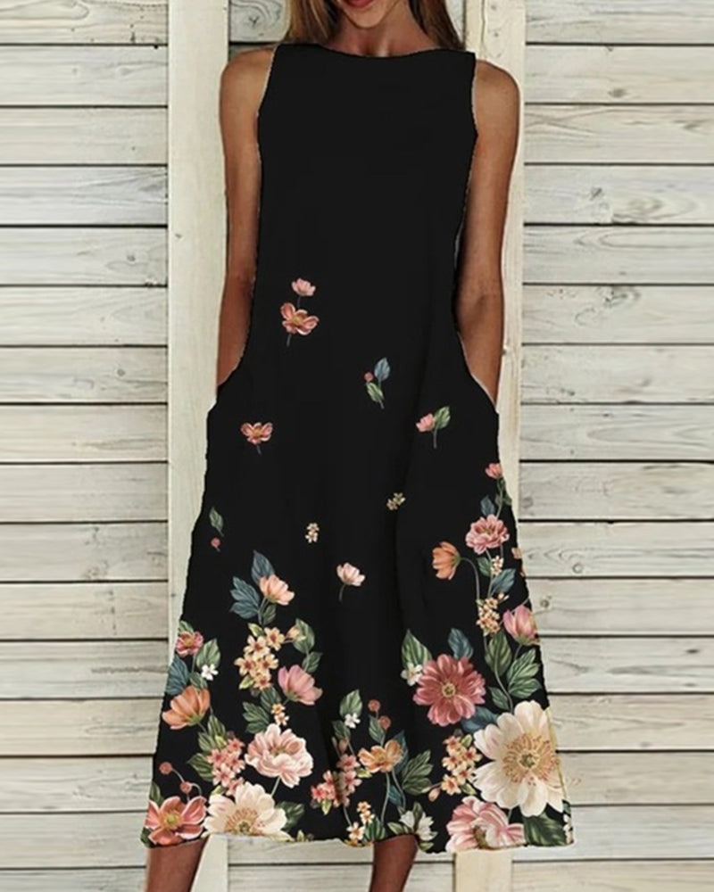 Sleeveless floral midi dress with side pockets