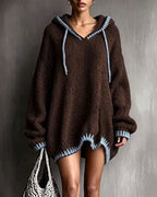 Women's brown hooded knitted mini dress with pale blue contrast trim