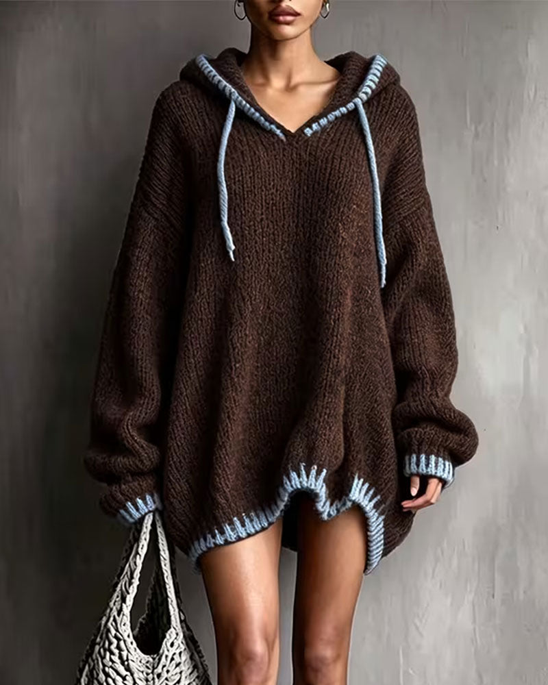 Women's brown hooded knitted mini dress with pale blue contrast trim
