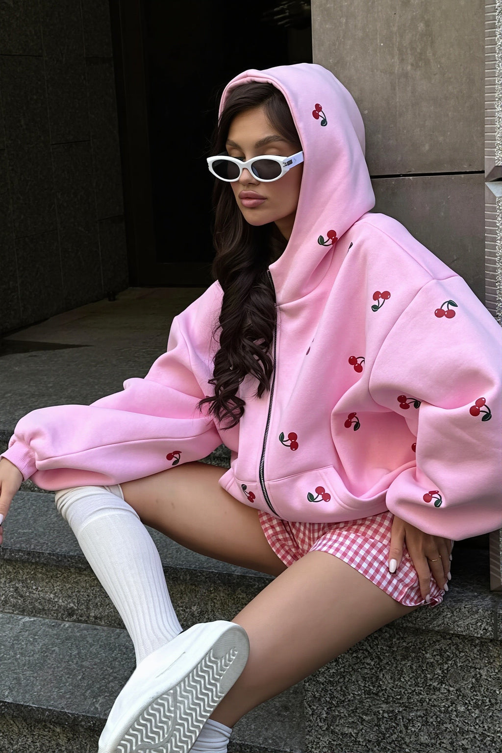Women's oversized zip hoodie with repeated cherry print, hood and front pocket