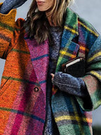 Women's multicolour plaid long coat with lapel collar and buttons