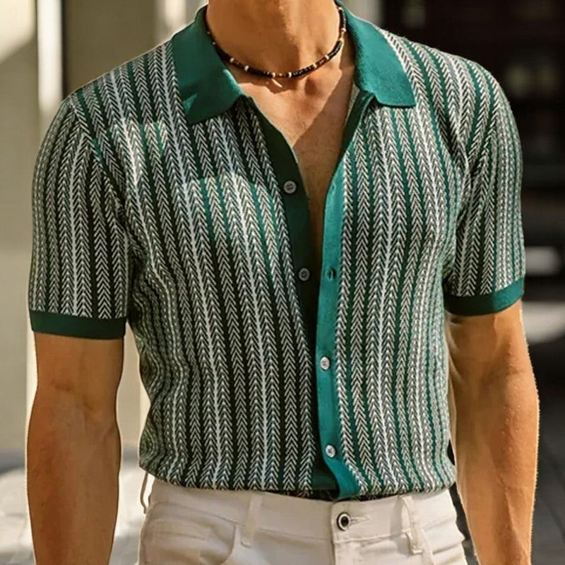 Men's vertical striped short sleeve button-down shirt with collar
