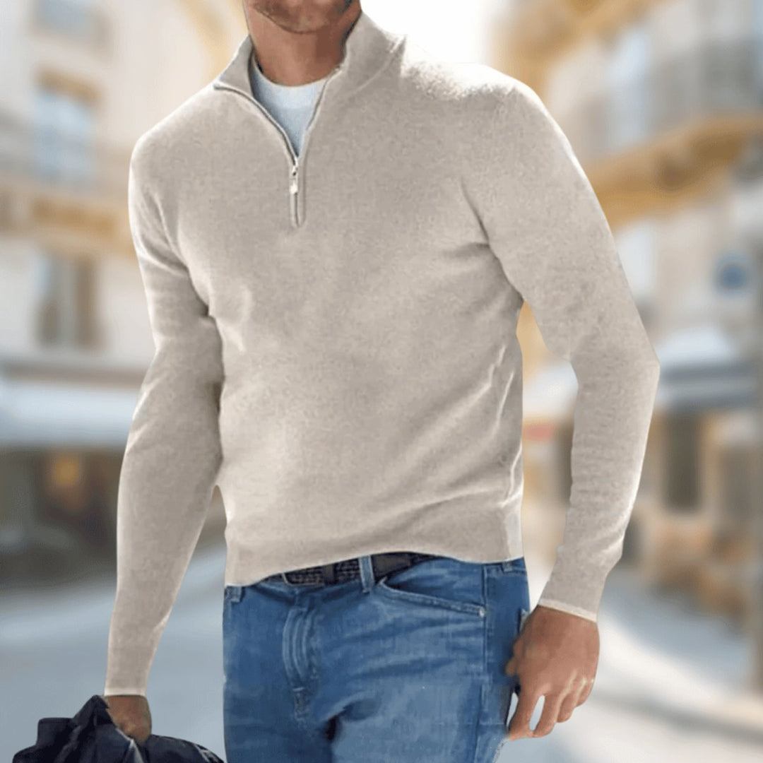 Men's long-sleeve quarter-zip knit sweater with mock neck