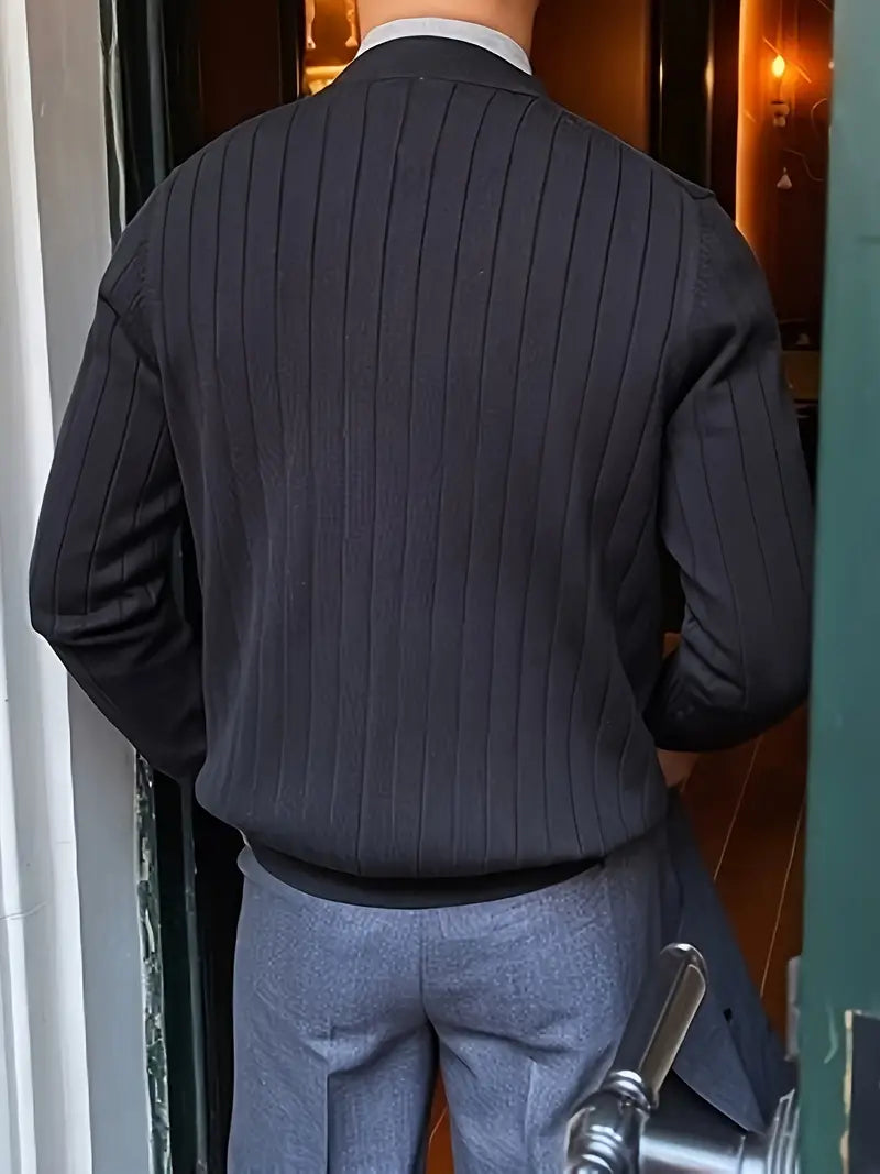 Men's ribbed button cardigan with V-neckline and long sleeves