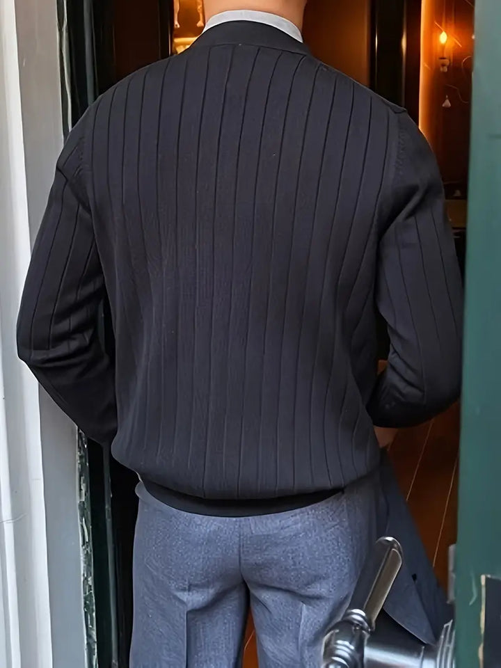 Men's ribbed button cardigan with V-neckline and long sleeves