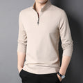Men's plain long-sleeved quarter-zip sweater with a raised mock neck