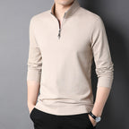 Men's plain long-sleeved quarter-zip sweater with a raised mock neck
