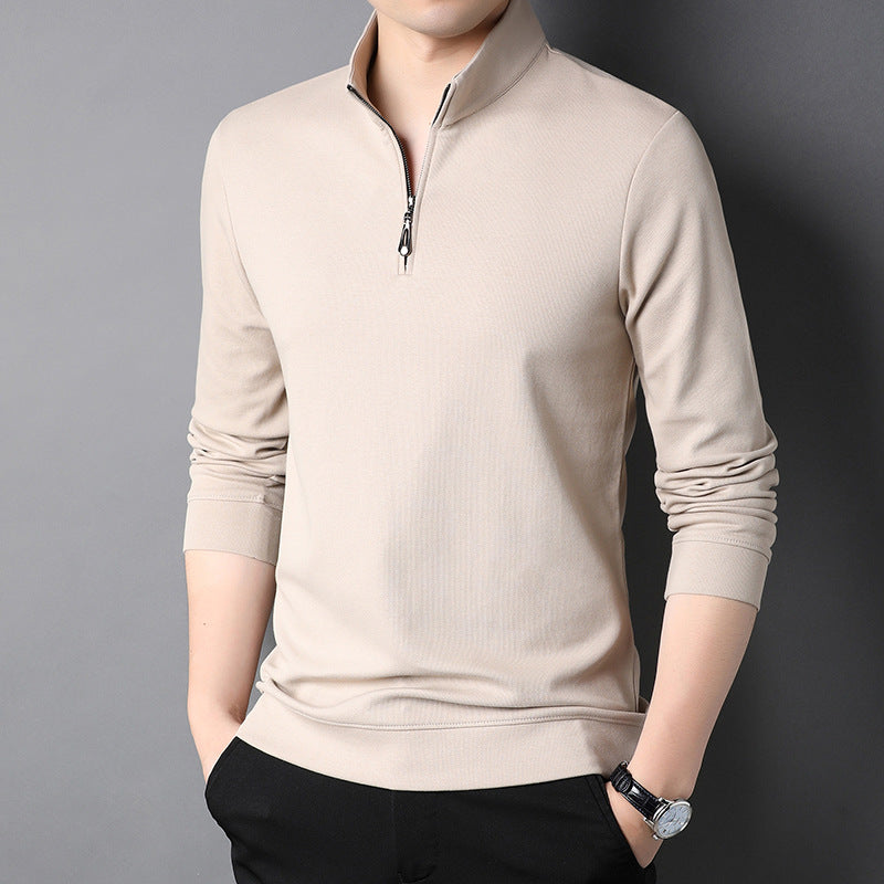 Men's plain long-sleeved quarter-zip sweater with a raised mock neck