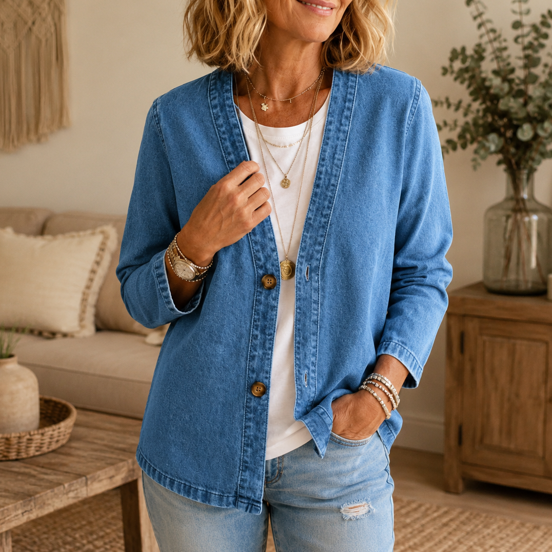 Women's collarless button-down cardigan with long sleeves and hip-length cut