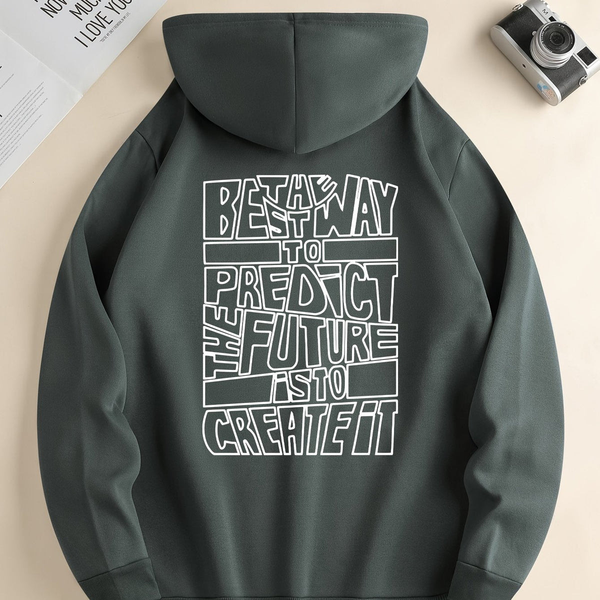Men's hooded sweatshirt with large outlined text print on the back