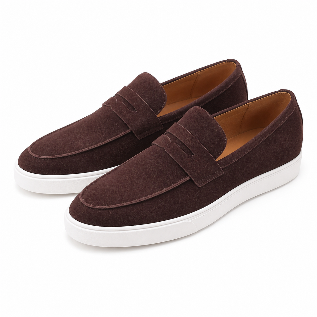 Men's penny loafers with moc toes, strap detail and white flat soles