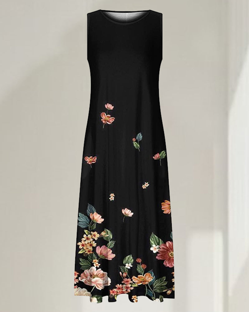 Sleeveless floral midi dress with side pockets