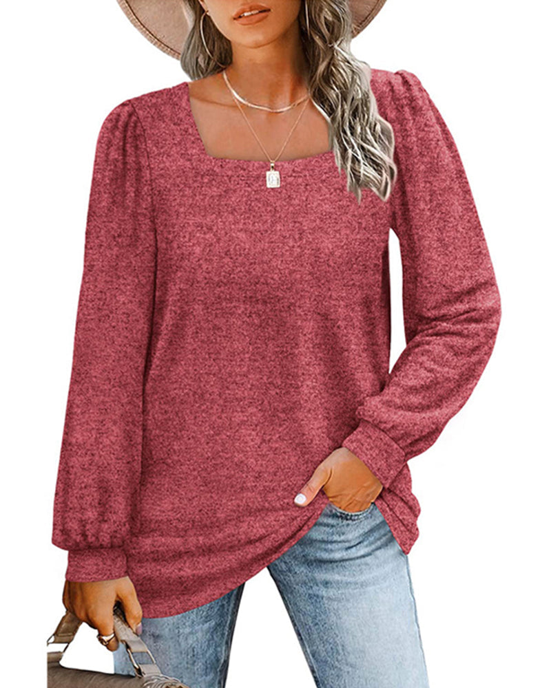 Women's square-neck long-sleeve top with gathered shoulders