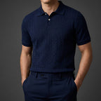 Men's textured cable knit polo shirt with collar and short sleeves