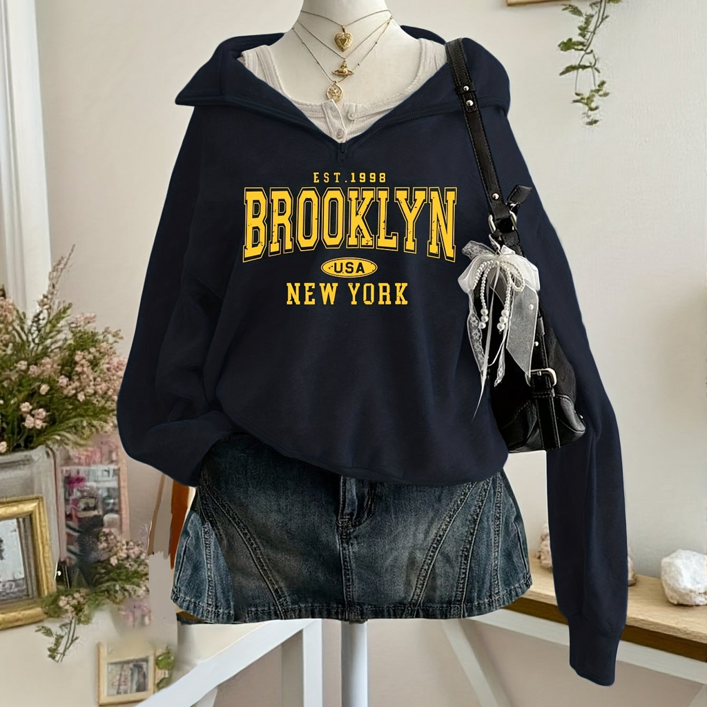 Women's hooded Brooklyn print zip hoodie with long sleeves
