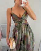 Women's abstract maxi dress with V-neckline and spaghetti straps