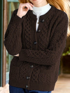 Women's textured cable knit cardigan with crew neck, long sleeves and button front