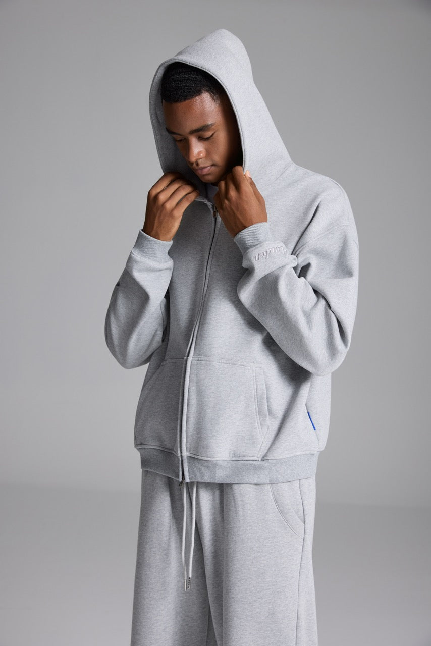 Unisex grey zip front hoodie with hood and pockets