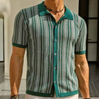 Men's vertical striped short sleeve button-down shirt with collar