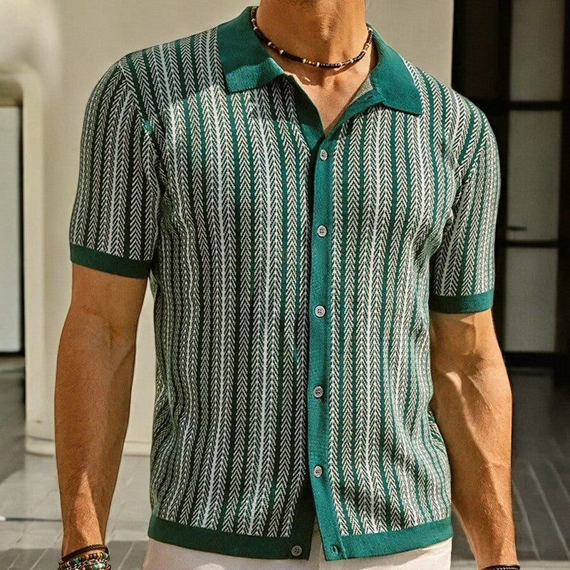 Men's vertical striped short sleeve button-down shirt with collar