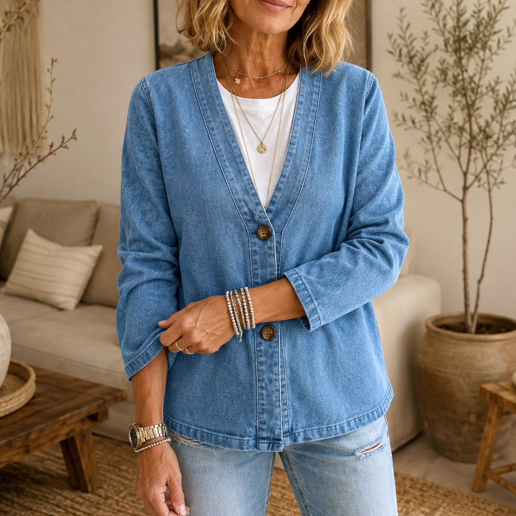 Women's collarless button-down cardigan with long sleeves and hip-length cut