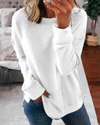 Women's crew neck sweatshirt with curved side slit hem