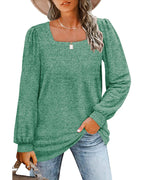 Women's square-neck long-sleeve top with gathered shoulders