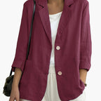 Women's navy blazer with notched lapels and front buttons