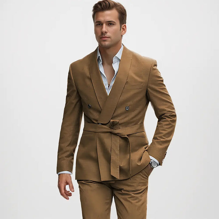 Men's double-breasted shawl lapel suit with belted waist and matching trousers