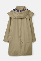 Women's hooded long raincoat with cape overlay and button front