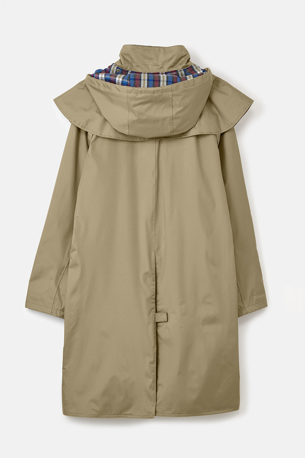 Women's hooded long raincoat with cape overlay and button front