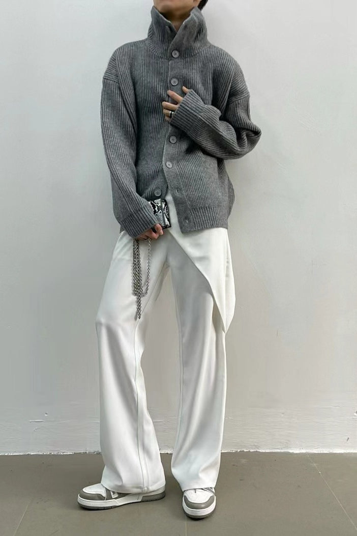 Women's ribbed button-front cardigan with mock neck and long sleeves