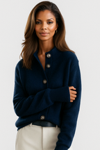 Women's button cardigan with ribbed collar and long sleeves
