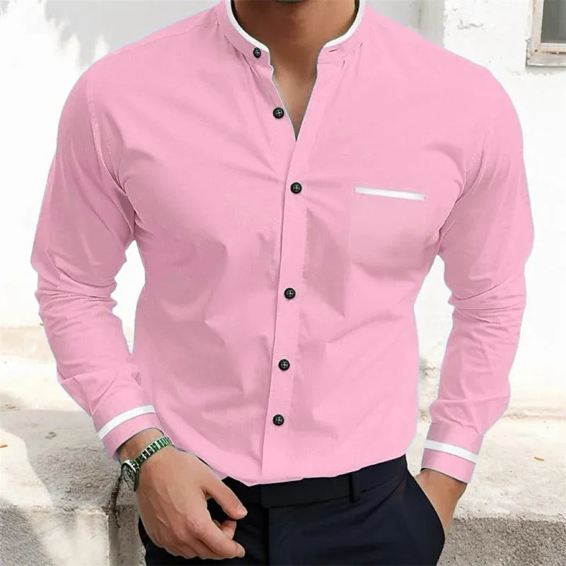 Men's long-sleeve grandad collar shirt with contrast cuff and chest pocket trims