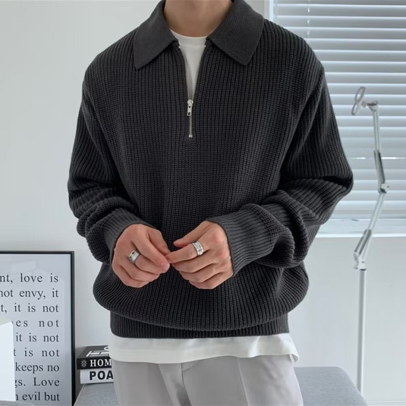 Ribbed quarter-zip sweater with polo collar and long sleeves